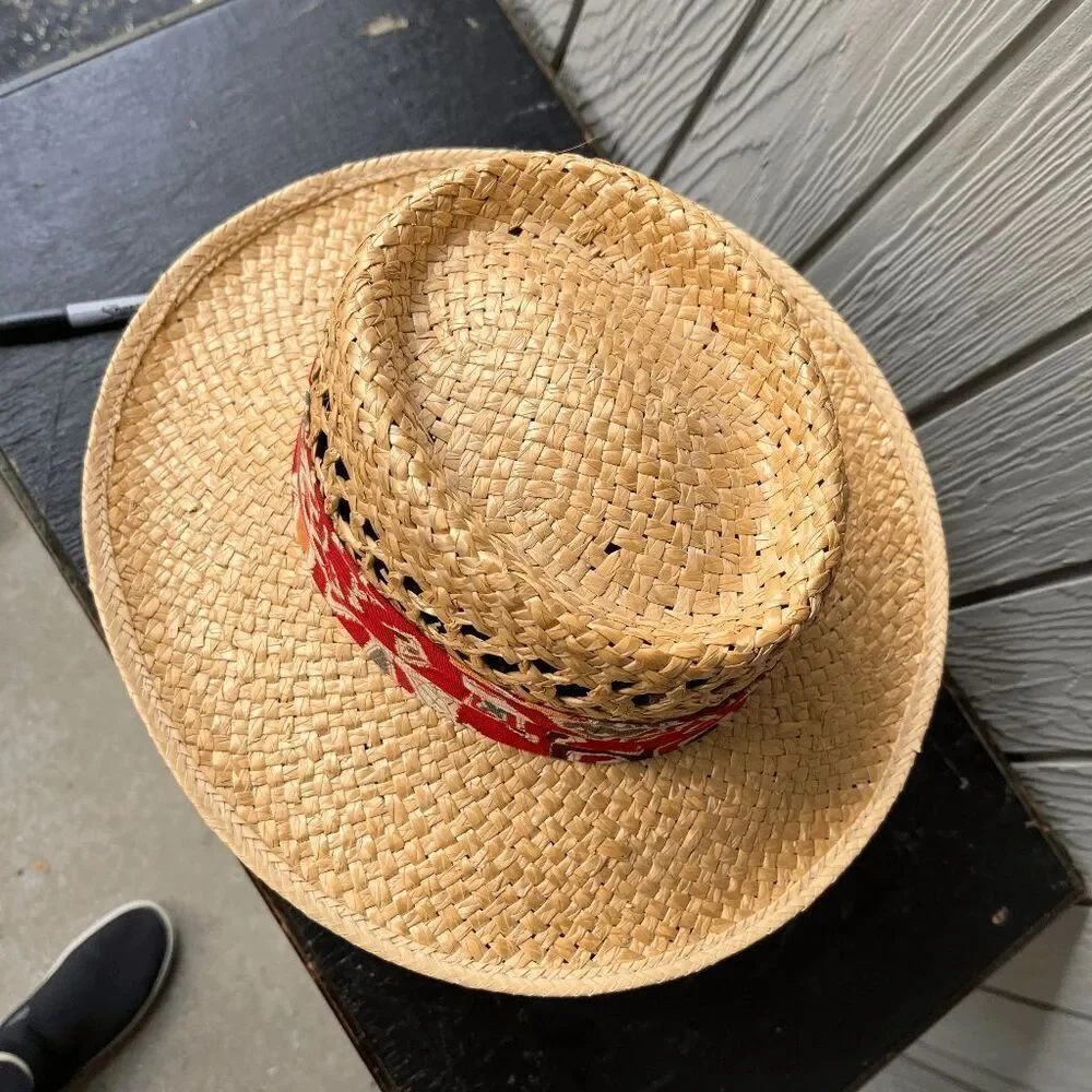 Vintage Woven Straw Hat Small USA Made Red Band Western Boho Summer CHCO WPL - Picture 3 of 5